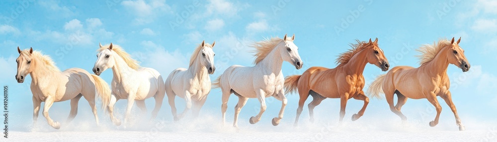 Fototapeta premium Galloping horses in a sunny meadow action shot nature scene vibrant sky dynamic movement