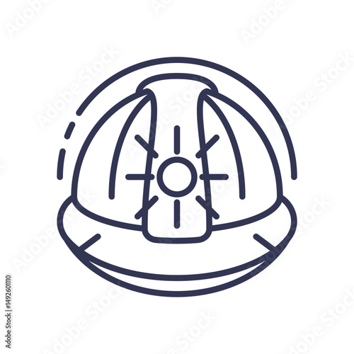 Line art of a hard hat symbolizing safety in exploration and construction.