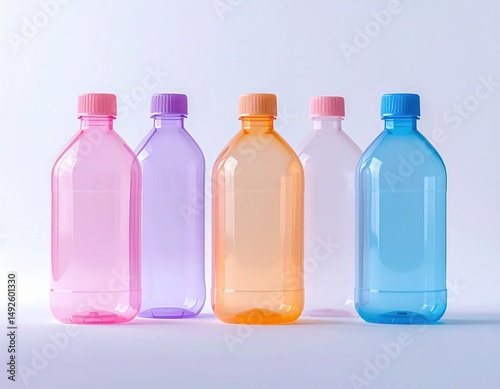 Collection of colorful plastic bottles with various lid colors on bright background