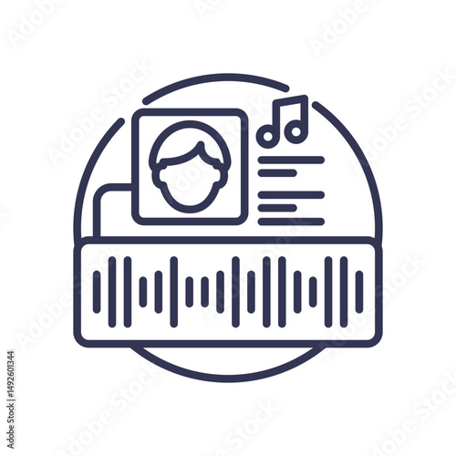 Illustration of voice authentication with soundwave, user profile, and music note.