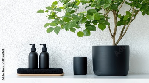 Black pump bottles and houseplant in minimalist home decor