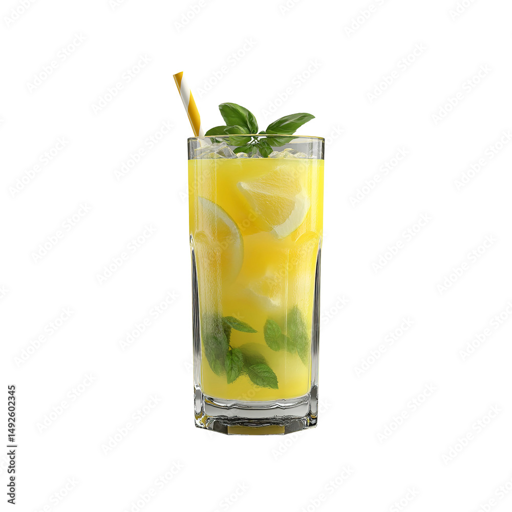 Fototapeta premium Refreshing Lemon and Mint Iced Drink in Tall Glass with Striped Straw