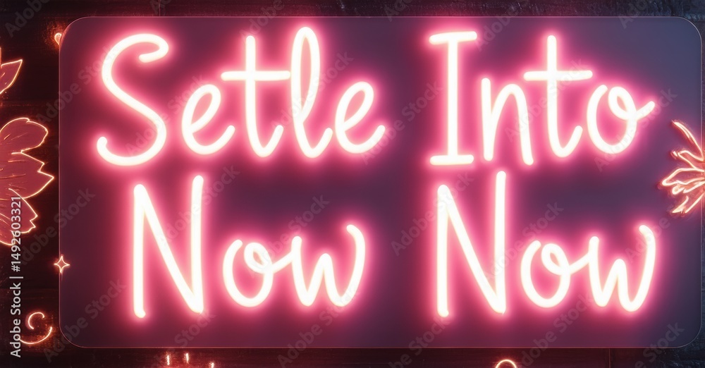 Obraz premium Bright pink neon sign displays text Settle Into Now Now. Floral accents frame edges. Dark background enhances glow.