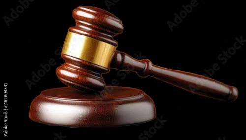 Wooden gavel, gold band, black background
