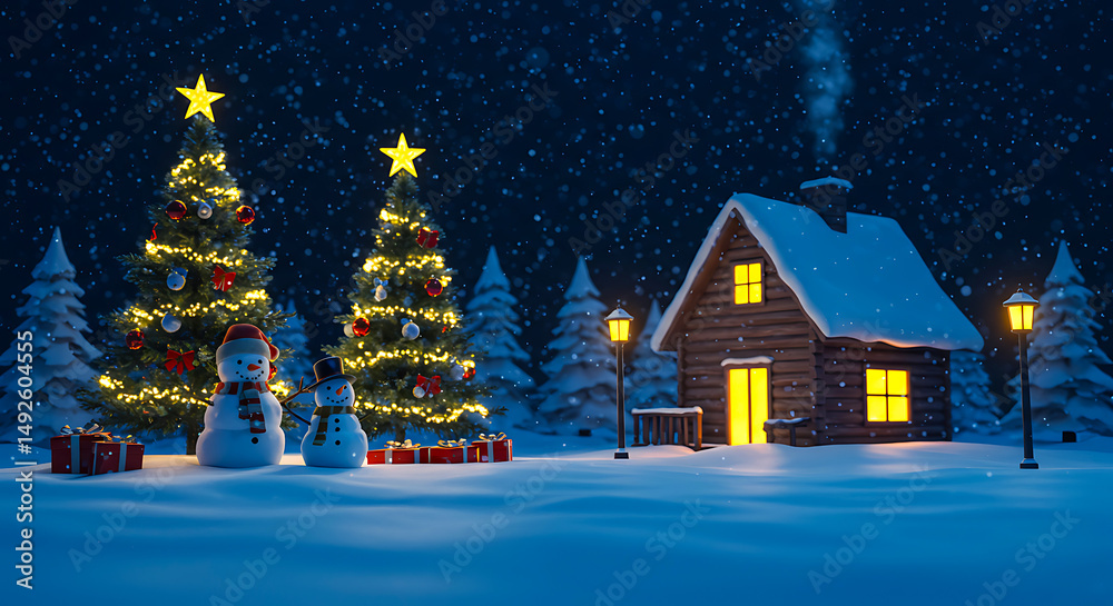 Naklejka premium Snowy Landscape with Lit Wooden House, Snowman, and Christmas Tree