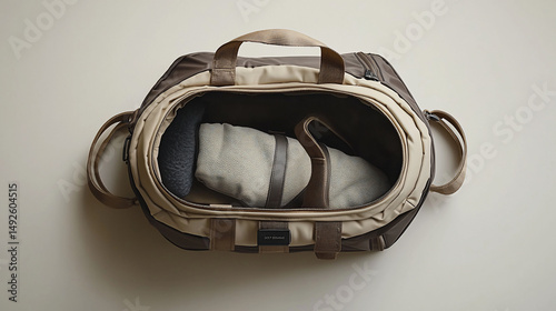 Beige and brown duffel bag open