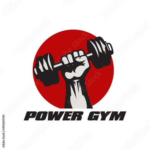 vector logo illustration of a hand holding dumbbell 