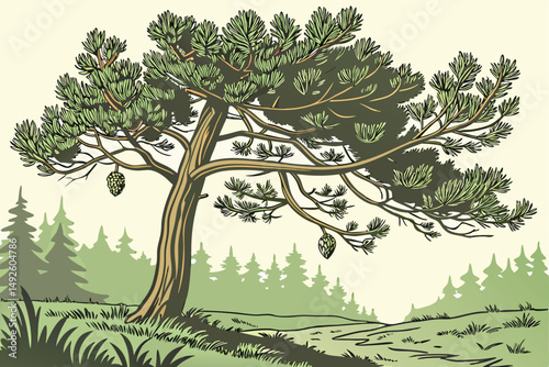 2 pine tree, green pine needles, pine cones, nature, outdoor, forest, landscape, detailed, highly detailed, photorealistic, 8k resolution