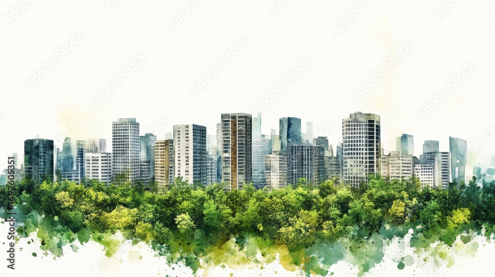 Obraz premium Watercolor Cityscape Emerging from Lush Greenery