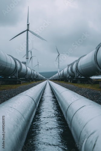 Wind Turbines and Pipeline Perspective on Overcast Day in Iceland; Low Angle View of Renewable Energy and Infrastructure