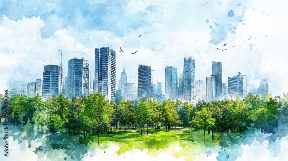 Obraz premium Watercolor Cityscape Green Park and Modern Skyscrapers