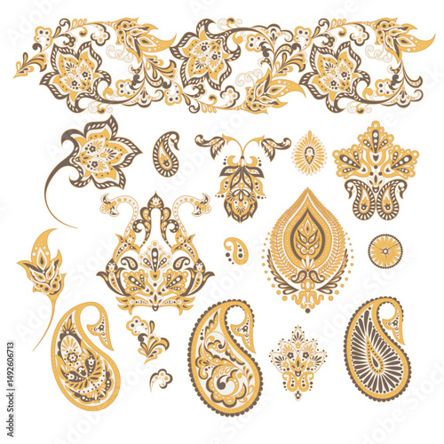 Vector set of isolated elements paisley, flowers and leaf for you own design