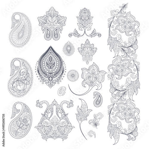 Vector set of isolated elements paisley, flowers and leaf for you own design