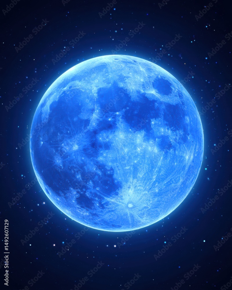 Fototapeta premium Full Blue Moon shining in dark space with stars digital artwork astronomy celestial body lunar surface cosmic event