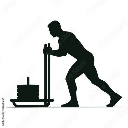 Silhouette of a Man Pushing a Weighted Sled for Strength Training