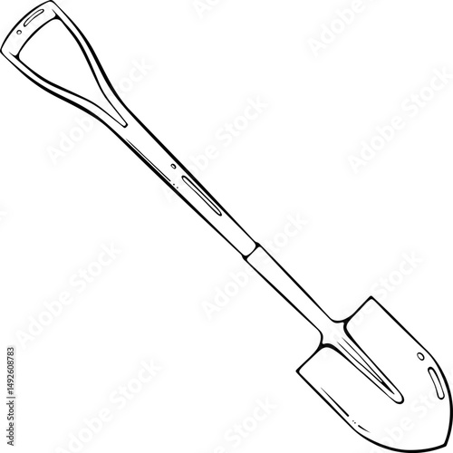 Garden shovel. Hobby gardening equipment. Working tool for digging earth. Vector illustration in hand drawn sketch style. Line art isolated on white for coloring book, print