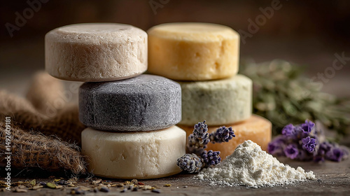 Natural handmade shampoo bars stacked with lavender and herbs