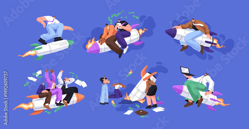 Concept set of business management. Team launches startup, rushing to success, fails and crashes a project. People are flying on rockets. Teamwork and leadership. Flat isolated vector illustrations