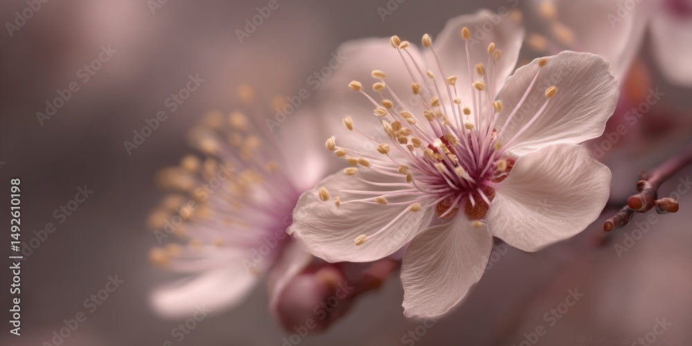 Delicate Blossom of Cherry Tree in Soft Focus, Evoking Tranquility and Beauty in Springtime Blooming Nature Scene Delicate Blossom of Cherry Tree in Soft Focus, Evoking Tranquility and Beauty in Springtime Blooming Nature Scene