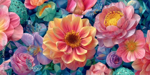 Vibrant Floral Composition with Colorful Blossoms and Butterflies in Geometric Background for Digital Art Lovers