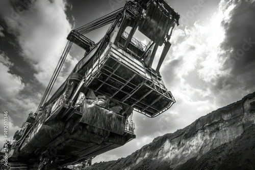 A colossal mining excavator, a behemoth of steel and mechanics, dwarfs the landscape under a dramatic sky.
