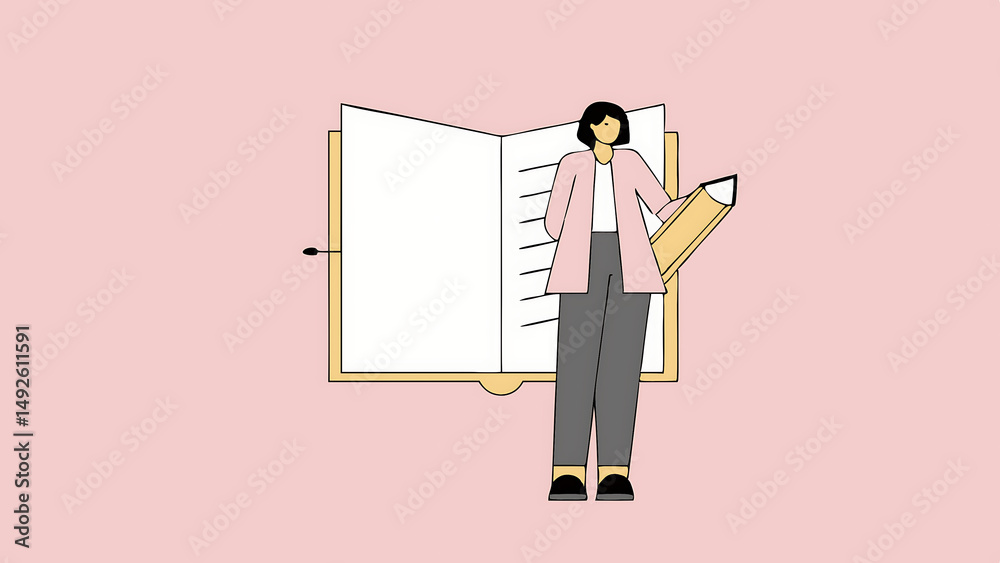 Obraz premium a woman holding a notebook stands sideways on a white background suggesting a theme of professionalism or education 54995044 1