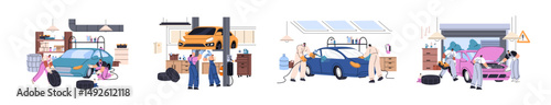 Technical maintenance station set. Repairmen repair cars in garage, painting automobiles, auto electricians do diagnosis, fix breakdowns in tire service. Flat isolated vector illustrations on white