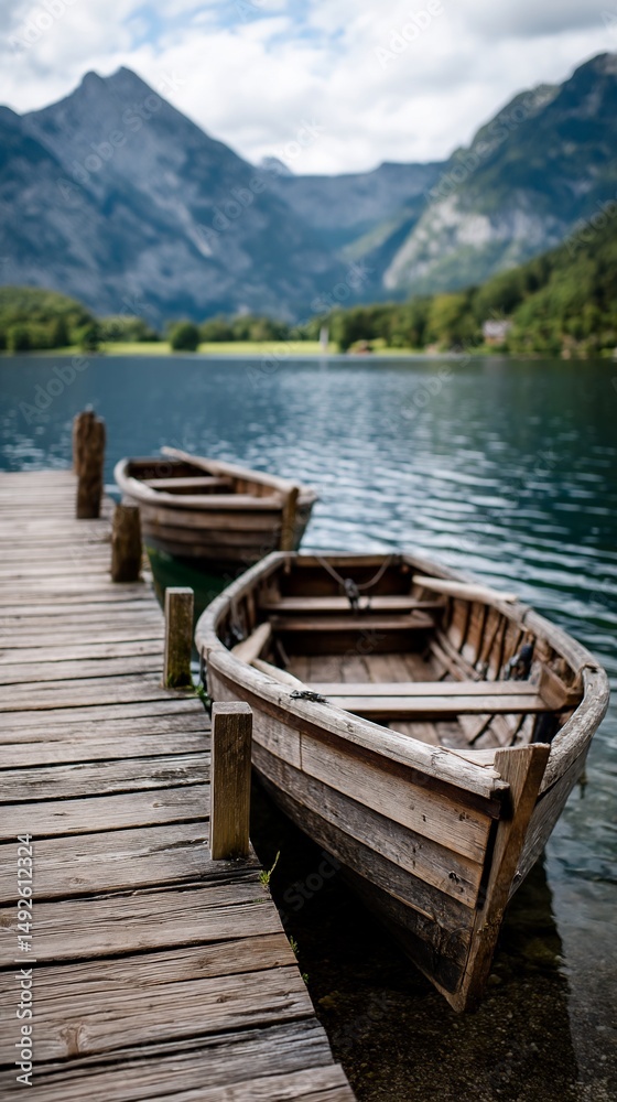 Wooden boats moored on a lakeside dock, tranquil alpine scenery in background. Ideal for nature, travel, or serenity themes Wooden boats moored on a lakeside dock, tranquil alpine scenery in background. Ideal for nature, travel, or serenity themes