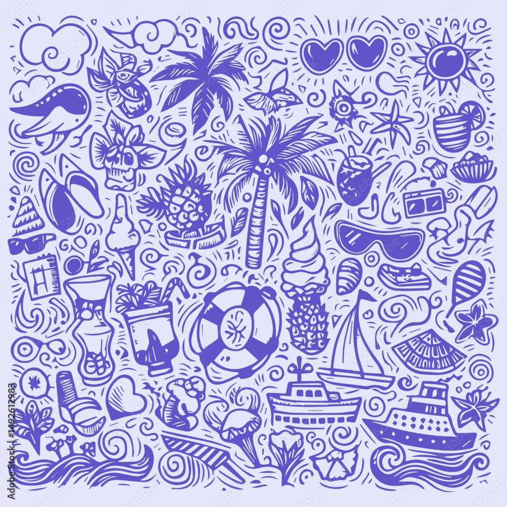 Vibrant tropical summer pattern with beach elements, seamless repeat, and bold colorful design  