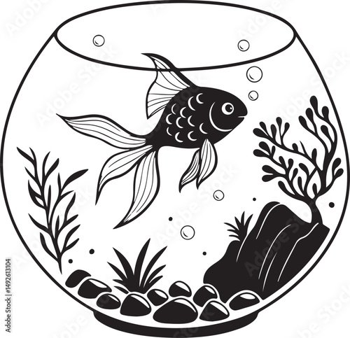 Black and White Fishbowl Illustration – Goldfish Line Art in Aquarium Scene