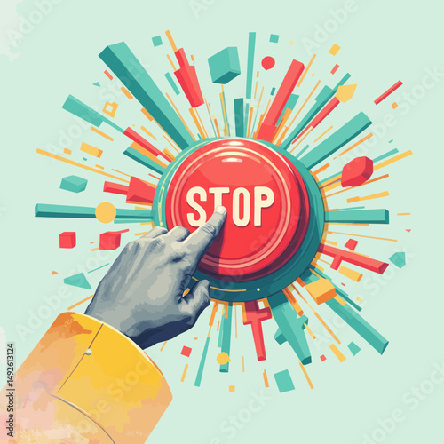 Hand Pressing Red Stop Button Abstract Digital Art