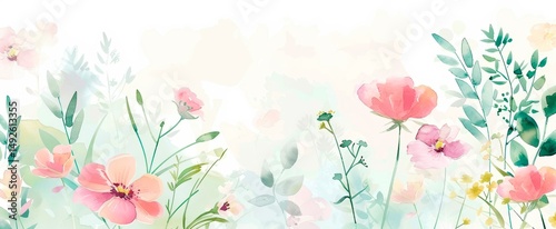 Watercolor spring flowers, pastel-colored background vector presentation design template, vector illustration wide banner with copy space for text and web poster