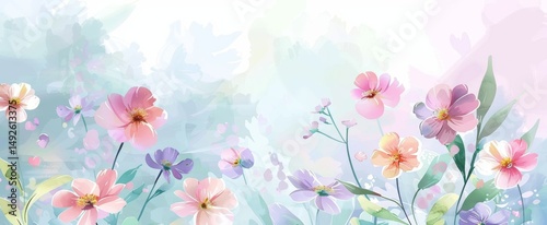 Watercolor spring flowers, pastel-colored background vector presentation design template, vector illustration wide banner with copy space for text and web poster