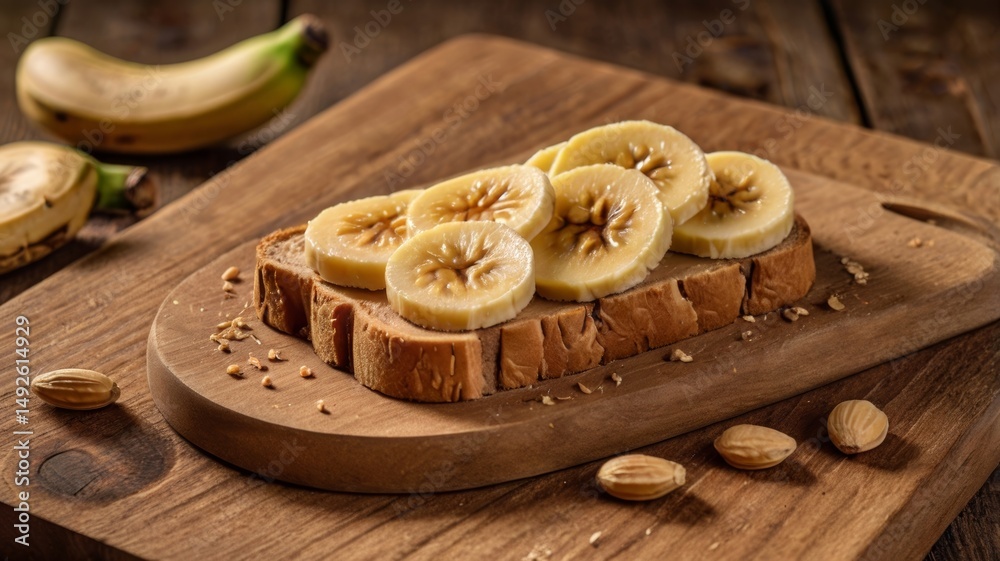 Fototapeta premium Peanut butter toast with banana slices, on a wooden board