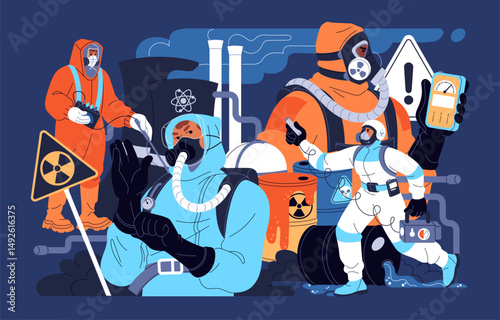Concept of radiation protection. Workers are in safety suits with respirator. Radioactive danger, hazardous pollution. NPP reactor, caution sign of nuclear waste. Flat isolated vector illustration