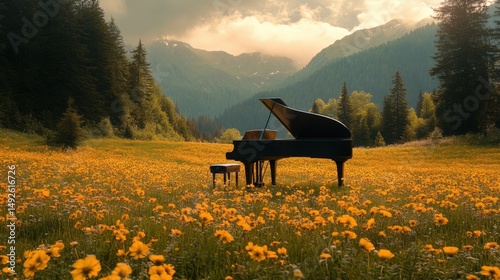 Black grand piano and bench in yellow flower field surrounded by trees and mountains under cloudy sunset sky