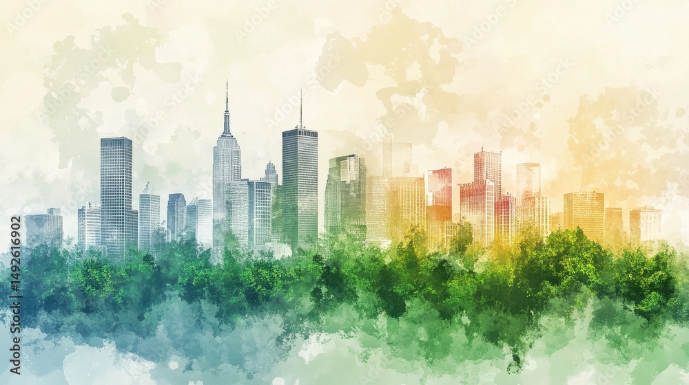 Obraz premium Watercolor Cityscape with Green Park and Skyline