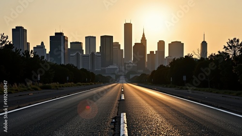 Modern city skyline with skyscrapers and tall buildings silhouette du sunset for urban panorama background