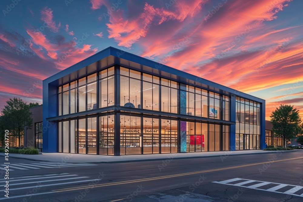 Obraz premium Contemporary Urban Retail Storefront Featuring Large Glass Windows Under a Colorful Sunset Sky