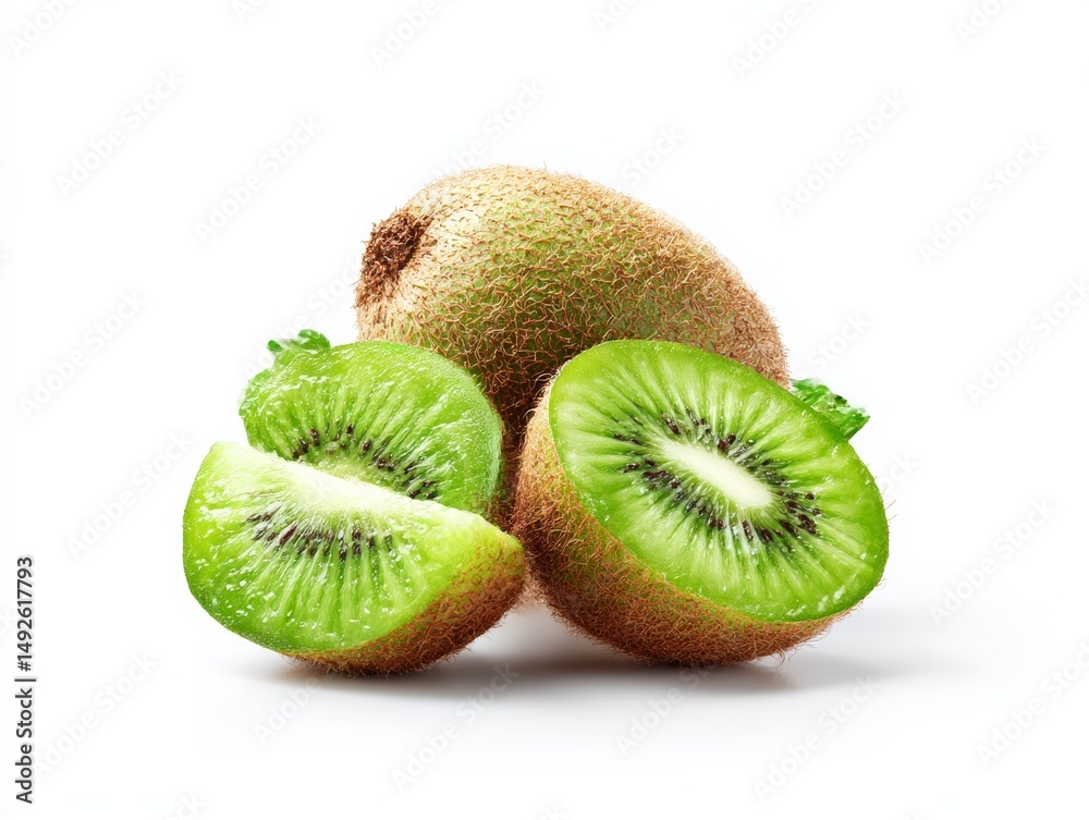 Fototapeta premium a high-resolution photo of whole and sliced kiwi fruits, isolated on a pure white background