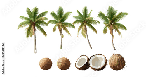 Cocos nucifera and Coccothrinax miraguama isolated palm trees frontal view, tropical foliage, botanical cutout, exotic nature, vector illustration.