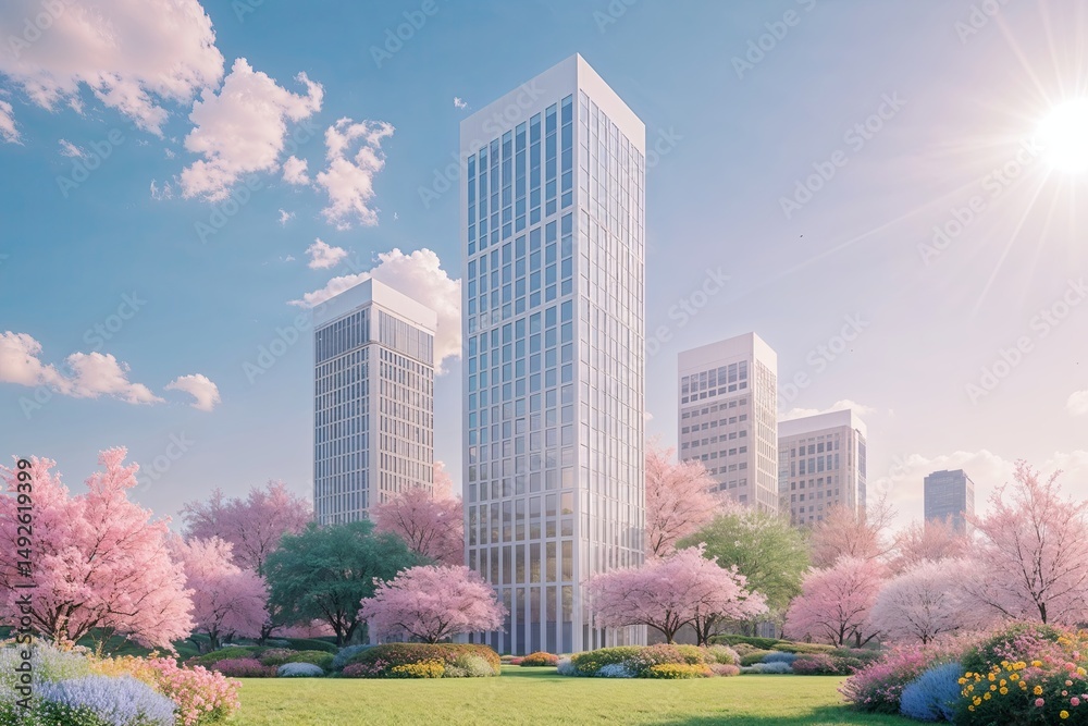 Obraz premium Pastel Minimalist Artwork of Corporate High-Rise Surrounded by Serene Garden and Vibrant Flowers Under Clear Sunny Sky