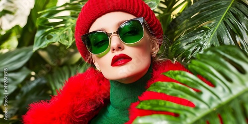 Fashionable woman with green sunglasses and red beret amidst lush foliage