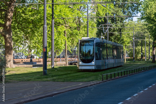 Obraz na płótnie Tram in Rotterdam city, public transportation, sunny day in Netherlands Holland w salonie