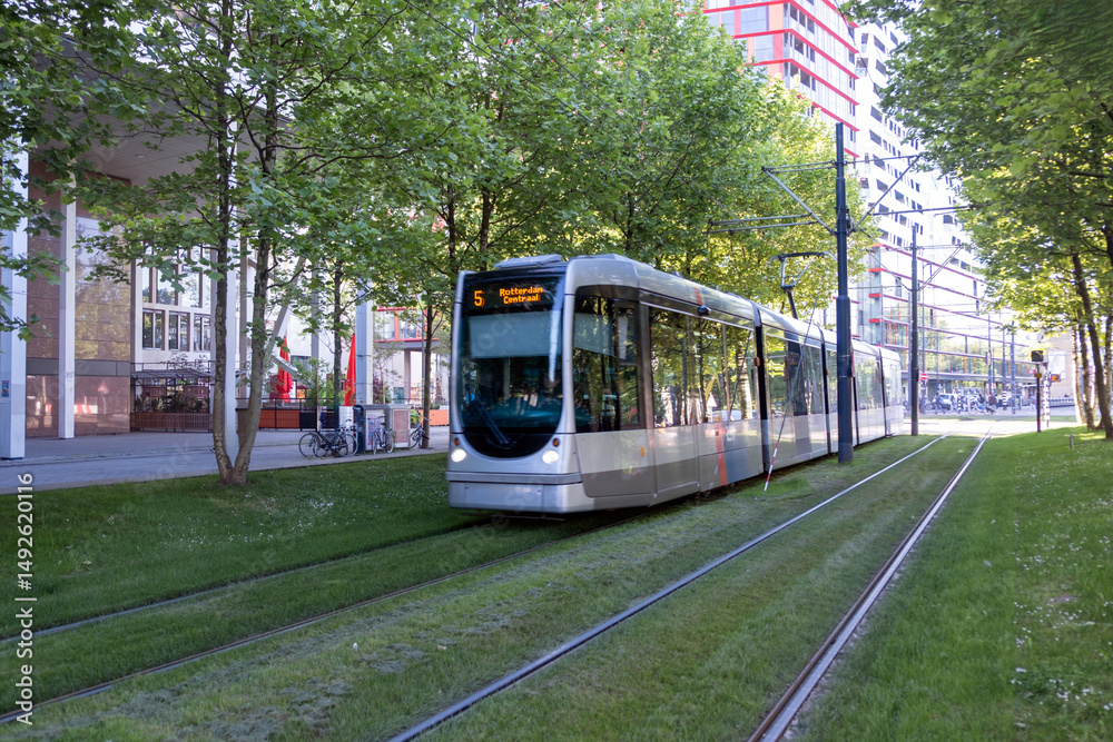 Tram in Rotterdam city, public transportation, sunny day in Netherlands Holland