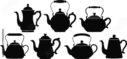 A collection of seven black silhouette teapots with varying designs and handle styles on white background