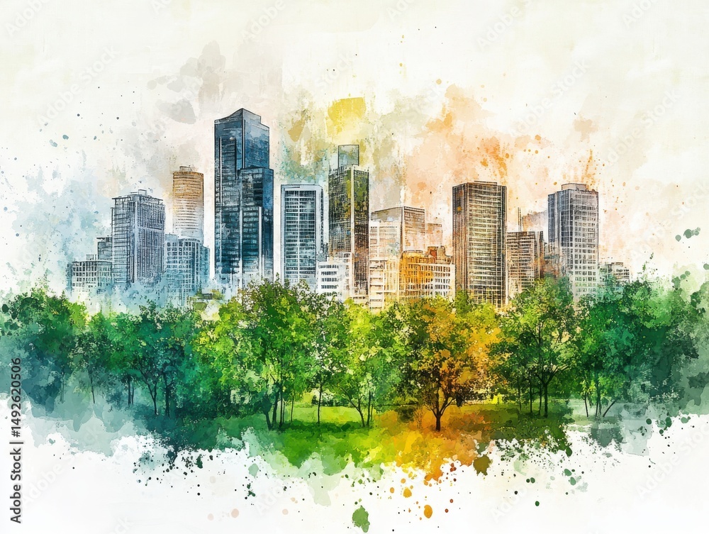 Obraz premium Watercolor Cityscape with Lush Green Trees and Warm Sky