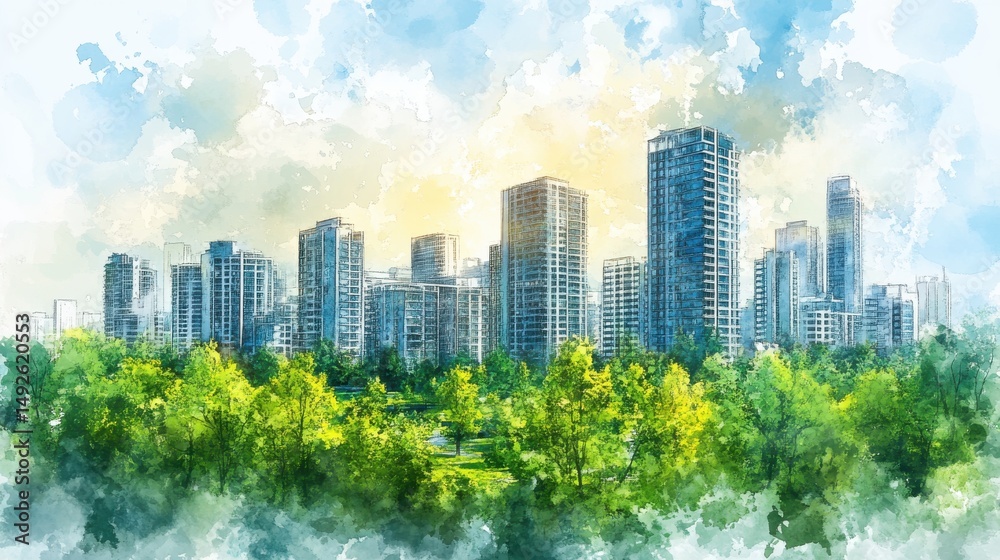 Obraz premium Watercolor Cityscape with Lush Green Trees and Warm Sunset Light