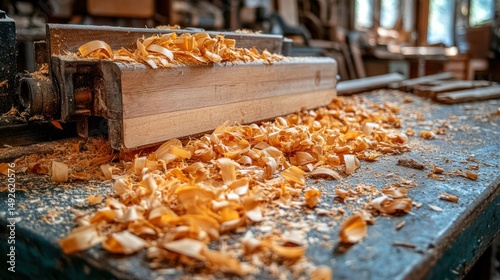 Wood shavings scattered on workbench after planing