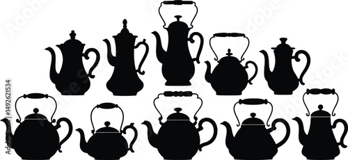 Silhouette illustration of ten teapots and coffee pots in various shapes and sizes on a white background